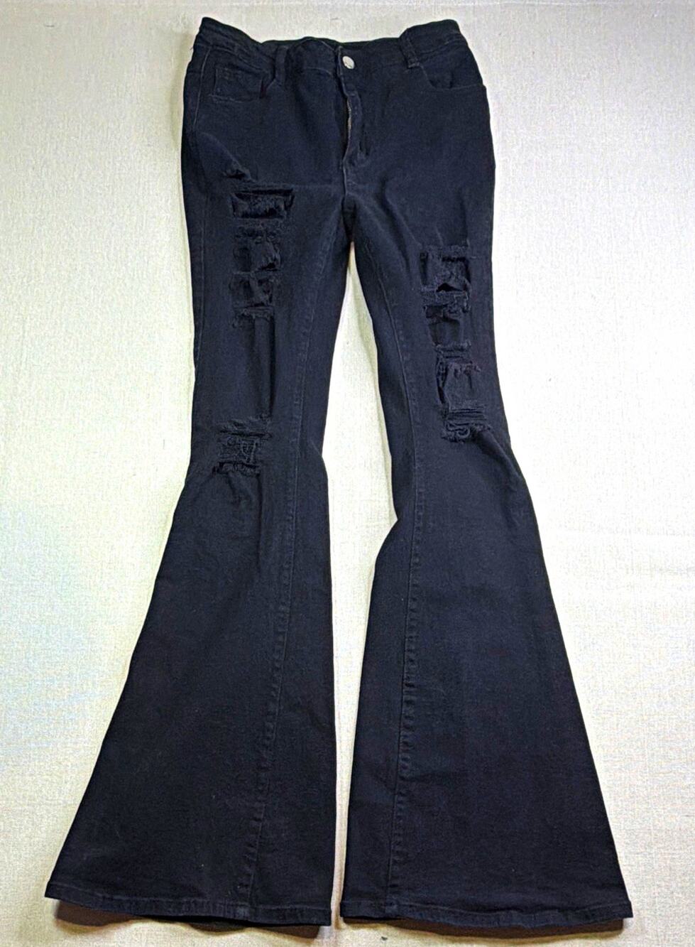 Women's Black Dark Wash Mid Rise Distressed Stretch Flared Jeans 26x32 M